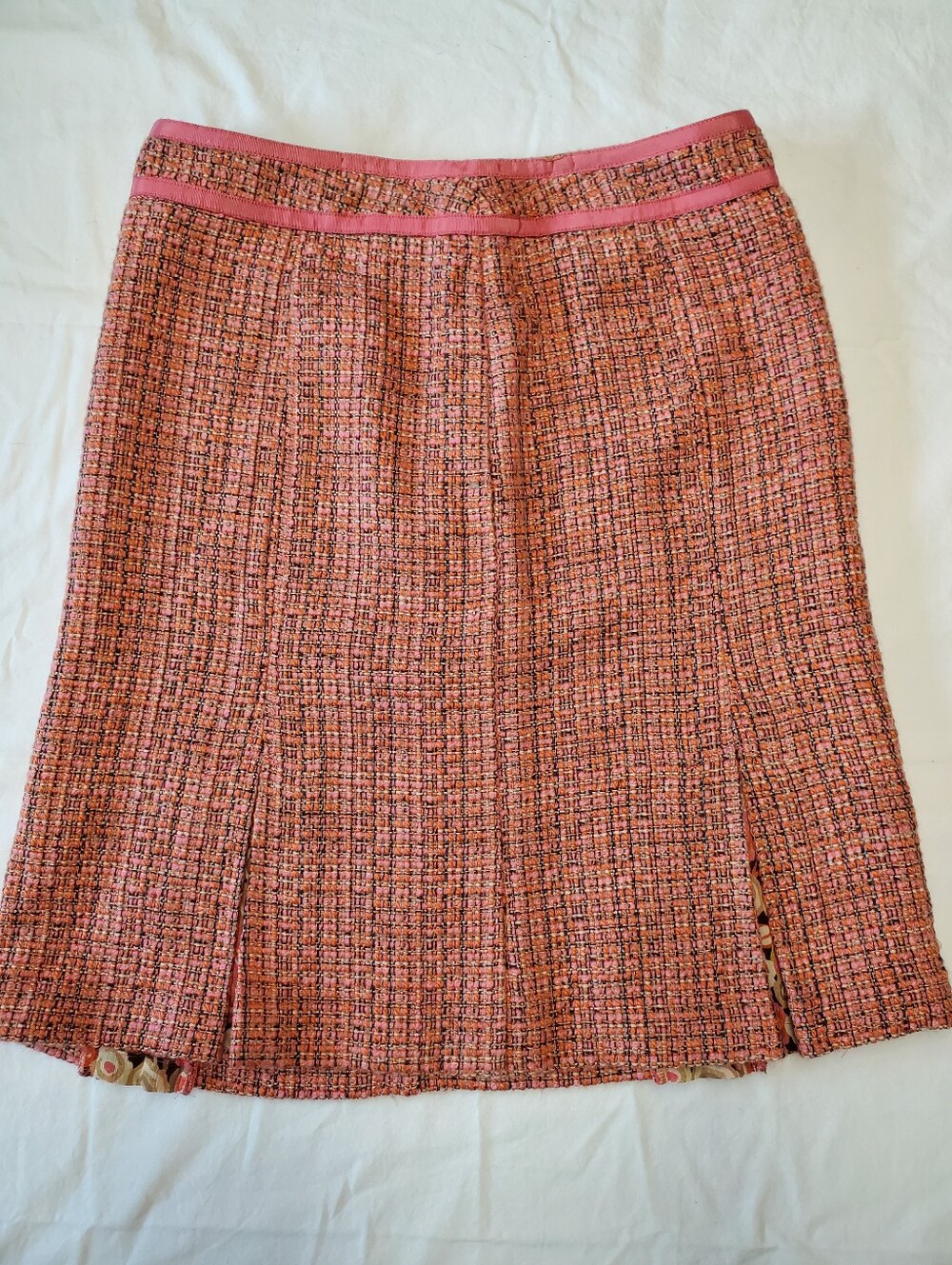Sigrid Olsen Pink Orange Tweed A-Line Skirt Floral Lined Kick Pleat Sz 10